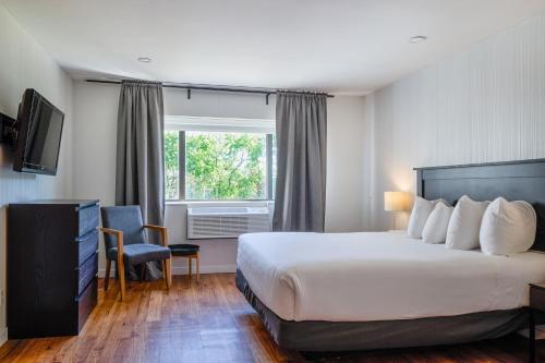 a hotel room with a bed and a window at Hotel Newstar Montréal in Montreal