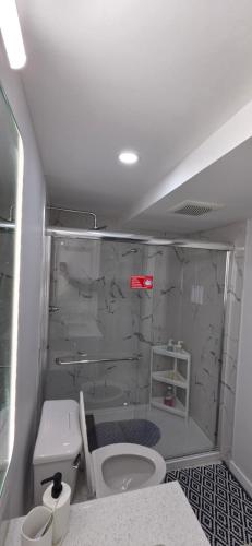 a small bathroom with a toilet and a shower at La Rose des Prairies -The Prairie Rose in Calgary