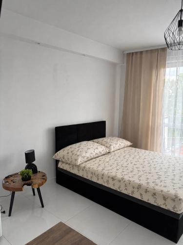 a bedroom with a bed and a table and a window at Apartament Mostowa in Brodnica
