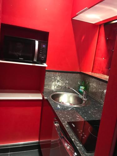 eine rote Küche mit einer Spüle und einer Mikrowelle in der Unterkunft Le Cabaret Vip SPA in Lyon