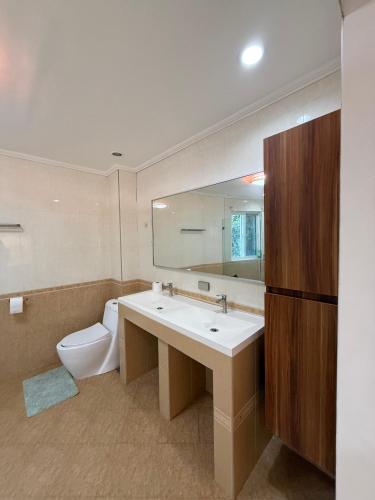 a bathroom with a sink and a toilet and a mirror at Dolores Cabin & Breakfast in Mactan
