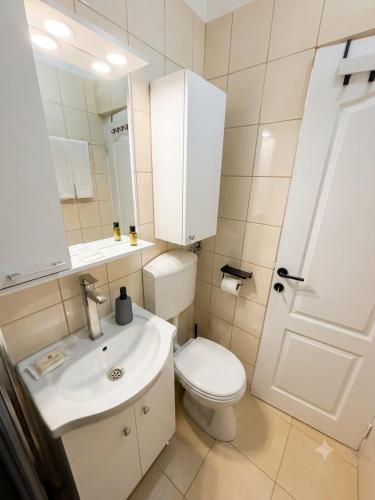 a bathroom with a toilet and a sink and a mirror at Cozy green apartament in Mediaş