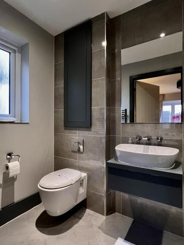 a bathroom with a toilet and a sink at Luxury Durham Home, Sleeps up to 12, Free Parking in Durham