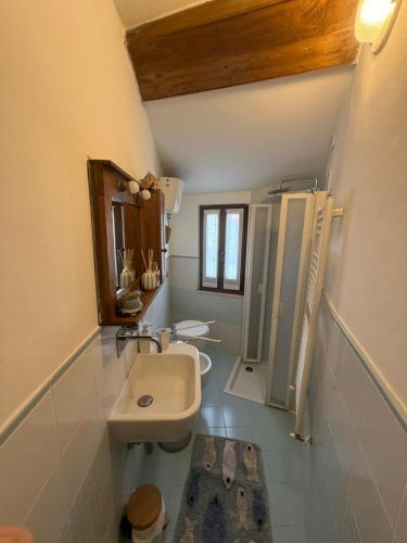 a small bathroom with a sink and a mirror at La curva del Serpente in Abbadia San Salvatore