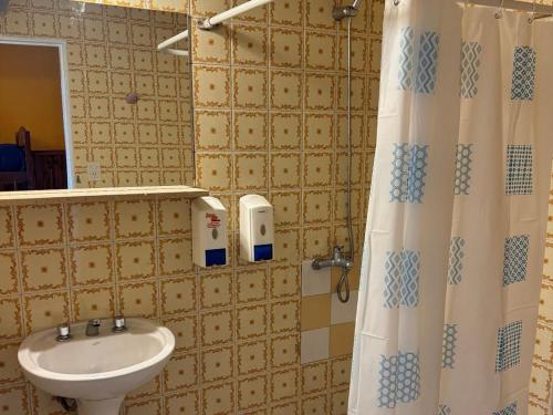 a bathroom with a sink and a shower curtain at Hostel Inn Bariloche in San Carlos de Bariloche