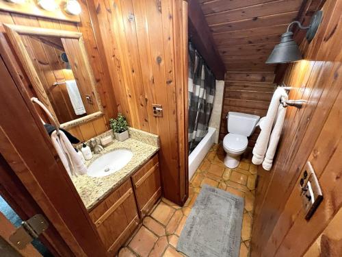 a bathroom with a sink and a toilet at Log Cabin On The Stream Sundance, Utah in Sundance
