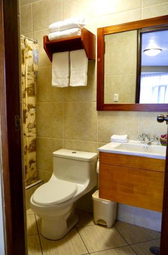 a bathroom with a toilet and a sink and a mirror at Hotel Tambo del Valle in Urubamba