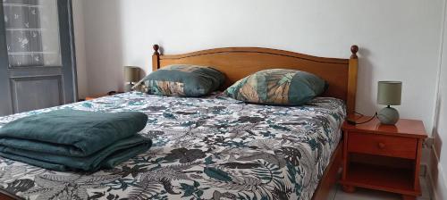 a bedroom with a bed with pillows on it at 36 Baltazia, 2 Ch 2 Pers-Clim jardin terrasse à Sainte-Anne in Sainte-Anne