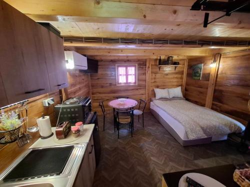 a small bedroom with a bed and a table in a room at Brvnara Mia in Rudnik