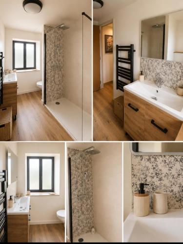 four pictures of a bathroom with a sink and a shower at "Chez mémé" in Locquirec