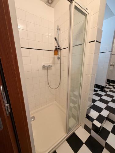 a shower with a glass door in a bathroom at RAST apartment house in Třebíč