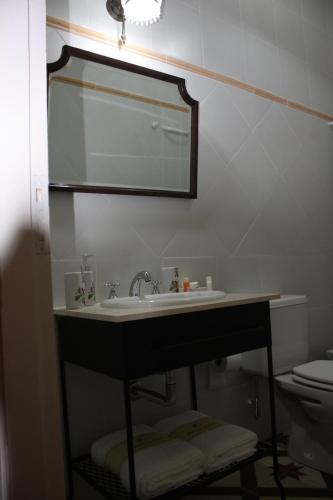 a bathroom with a sink and a mirror and a toilet at Carmine Hotel Apart in Capilla del Señor