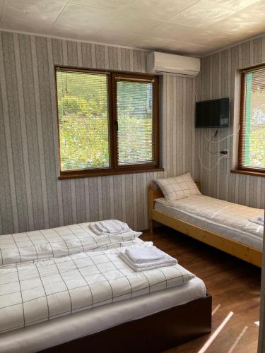 two beds in a room with two windows at Къща за гости Ягода in Sapareva Banya