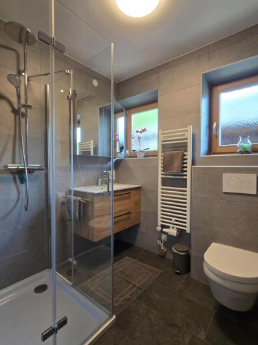 a bathroom with a shower and a sink and a toilet at Orterhof in Obertilliach
