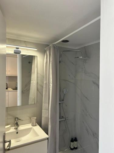a bathroom with a sink and a shower at Arco Boutique Apartments in Paralio Astros