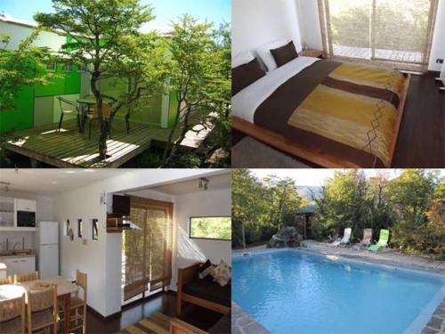 a collage of pictures of a bedroom and a pool at Cabañas Ecobox Andino in Las Trancas
