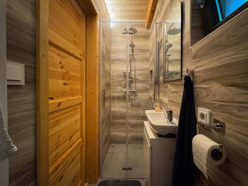 a bathroom with a shower and a sink at Chata Pod Dubem Kameňák in Moravany