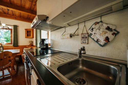 a kitchen with a stainless steel sink and a stove at Kellerstöckl Kranach 76 in Gamlitz