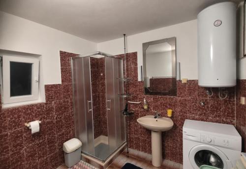 a bathroom with a shower sink and a toilet at Apartments Ivka & Garden in Senj