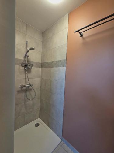 a shower stall in a bathroom with a shower at Chambre d'hôte Escale piscine in Ghislenghien