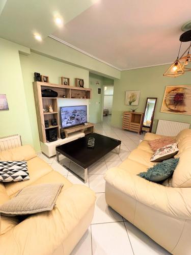 a living room with two couches and a flat screen tv at Eva's Apartments in Karlovasi