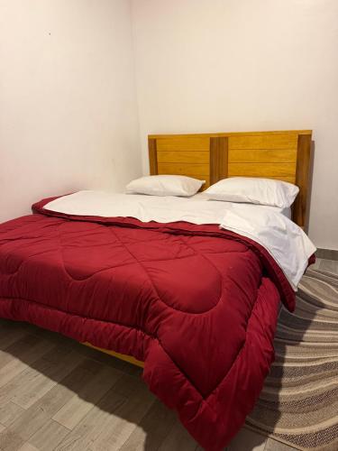 a bed with a red blanket and white pillows at Umunota Escape in Bugesera