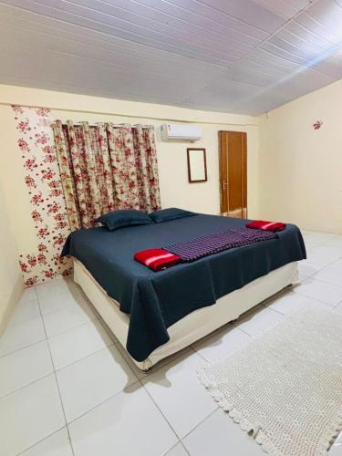 a bedroom with a large bed with blue sheets and red pillows at Pousada Amiga in Parintins