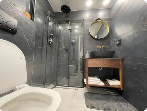 a bathroom with a shower and a sink and a toilet at בוטיק בהרי הקסטל in Mevasseret Zion