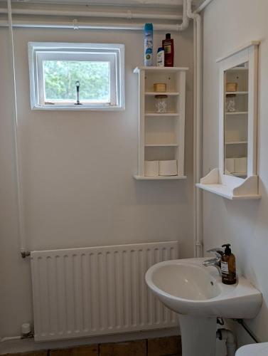 a white bathroom with a sink and a window at Studio apartment in countryside in Selfoss