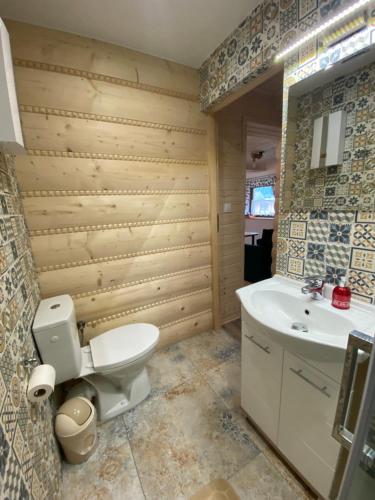 a bathroom with a toilet and a sink at Leśny Zakątek in Glinka