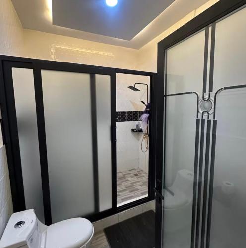 a bathroom with a toilet and a glass shower at Rouge Villa in Winneba