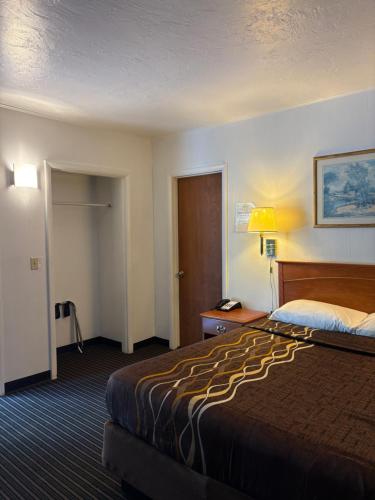 a hotel room with a large bed and a lamp at Motel Garberville in Garberville