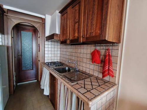 a kitchen with wooden cabinets and a sink and a stove at Will House in Lanzo Torinese