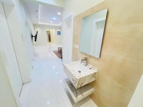 a bathroom with a sink and a mirror at فـيليج سـانـسـت Village Sunset in Al Namas