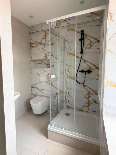a glass shower in a bathroom with a toilet at H&R Suite - Bielefeld Central in Bielefeld
