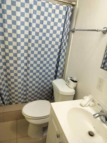 a bathroom with a toilet and a sink and a shower at Comfortable Large Studio-J in Hollywood