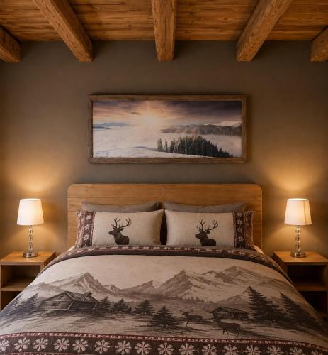 a bedroom with a bed with a picture on the wall at Enfin Clavon - appartamento in baita in Verrayes