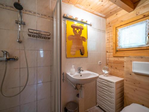 a bathroom with a sink and a shower and a toilet at Pauls-Hütte in Hippach