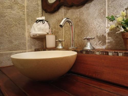 a bathroom with a bowl sink and a faucet at Nelumbo Petit Chalet in San Rafael