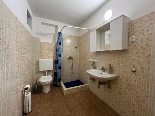 a bathroom with a toilet and a sink and a shower at Family friendly seaside apartments Cove Rapak, Hvar - 12779 in Gdinj