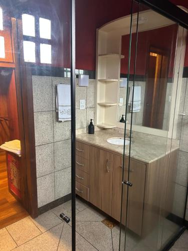 a bathroom with a sink and a mirror at Éden jardim in Guarapuava