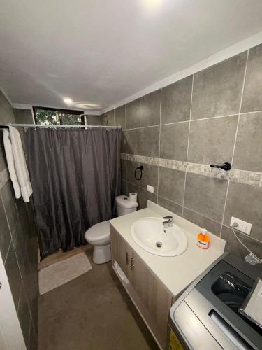 a small bathroom with a sink and a toilet at Apartamentos Aledu in Brasilito