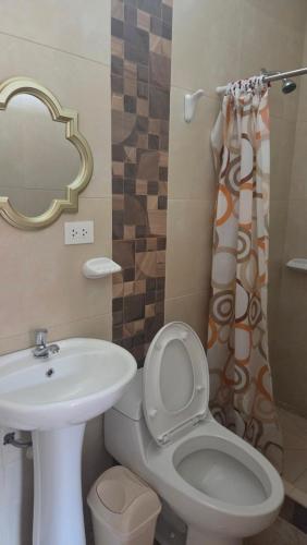 a bathroom with a sink and a toilet and a mirror at La casona de aquiles in Palle Nuevo