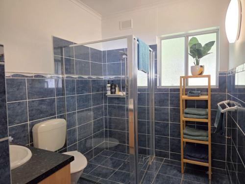 a bathroom with a shower and a toilet and a sink at 38 at Point Turton in Point Turton