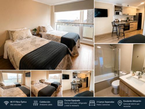 a collage of photos of a hotel room with two beds at Alto Arrayán in Osorno