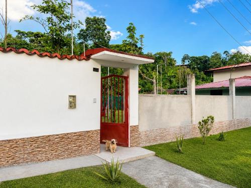 a dog sitting in front of a house with a red door at Refugio Amazónico in San Martín