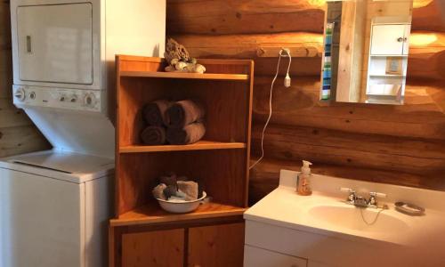 a bathroom with a sink and a washing machine at Nimpo Lake Resort in Nimpo Lake