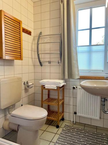 a bathroom with a toilet and a sink at Tiramisu in Wittdün