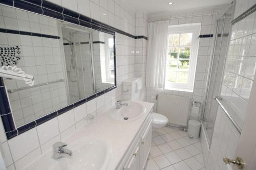 a white bathroom with a sink and a toilet at Eismoewe in Nebel