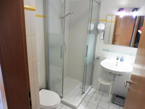 a bathroom with a shower and a toilet and a sink at Muschel in Wittdün